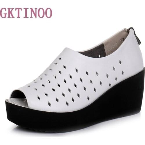GKTINOO 2020 Summer women sandals wedges sandals ladies open toe genuine leather zipper black white platform sandals shoes