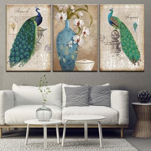 Canvas Pictures Home Decor Living Room Wall Art 3 Pieces Green Peafowl Flower Painting HD Prints Peacock Couple Poster Framework