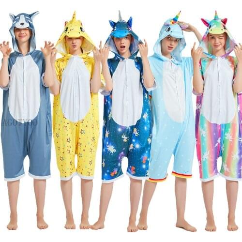 Women Ice Silk Pajamas Summer Short Sleeve Pajamas Set Cute Unicorn Panda Rabbit Animal Pyjamas Female Sleepwear Cartoon Onesies
