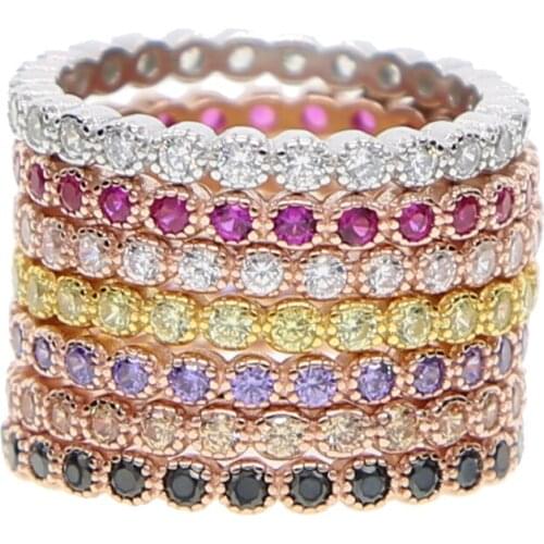 7 colors birthstone 925 sterling silver full bezel round cz eternity band ring for women