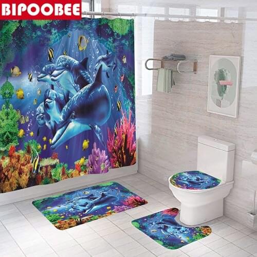 Blue Ocean Underwater Dolphins Shower Curtain Sets Non-Slip Rugs Toilet Pad Cover Bath Mat Bathroom Accessories with 12 Hooks