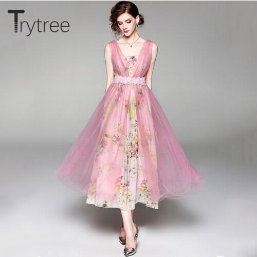 Trytree Summer Romantic Floral Print Double-layers Dress Women Voile Patchwork Strap dresses Lace Bow Sashes High Street Dress