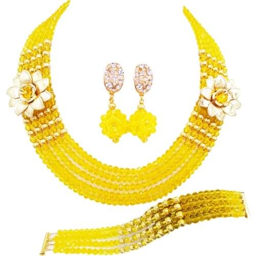 Fashion Yellow Crystal Beaded Multi Strands Necklaces Sets Nigerian Wedding African Beads Jewelry Set 5-XSH07