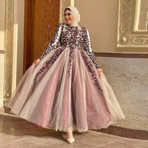 Ankle Length Muslim Prom Dresses High Collar Long Sleeve Lace Appliques Tulle Skirt Evening Party Gowns Vestidos De Noiva