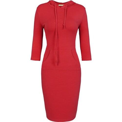 Solid Color Hoodies Dress Women Summer Casual Loose Pocket Drawstring Package Dresses Sexy Bag Hip Three Quarters Sleeve Dress