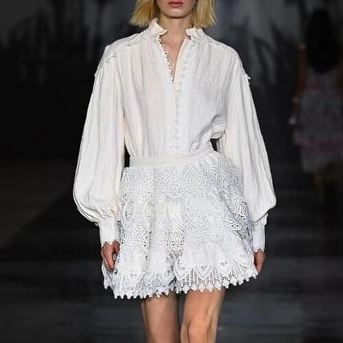 Autumn Long Sleeve Blouse Sets And Mini Skirts White Black Lace Patchwork Button Up Two Piece Set Party Clubwear Female