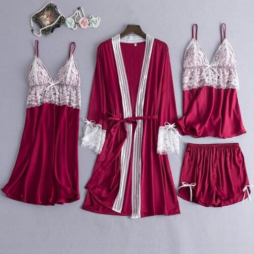 JULYS SONG New Spring Sleepwear 4 Piece Sexy Lace Pajamas Set Women Faux Silk Lace Sling Sleeveless Shirt Shorts Summer Robe