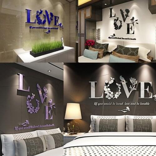 Letter LOVE 3D Mirror LOVE Wall Sticker Romantic Bedroom Decal DIY Acrylic Leaf /Bird/Flower LOVE Stickers Removable drop ship