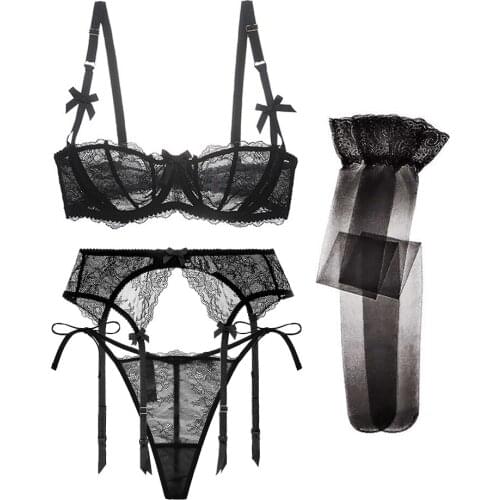 Sexy lace breathable half-cup bra ladies thin belt thong flower see-through lingerie set bra+garter+thong+stockings 4pcs/set