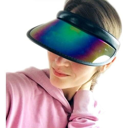 Women Men Hologram Rainbow Wide Brim Sun Visors Hat Topless Sunglasses UV Protection Plastic Panel Sportswear Clip-On Summer Cap