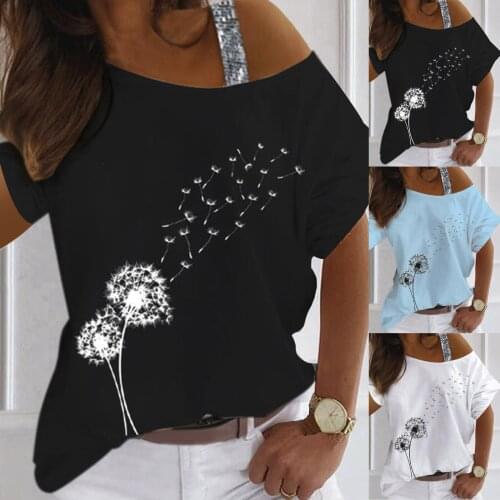 Women Short Sleeve Exposed Shoulder Round Neck Sexy T-shirt Dandelion Printing Solid Color Blouse Top All-match Girls T-shirt