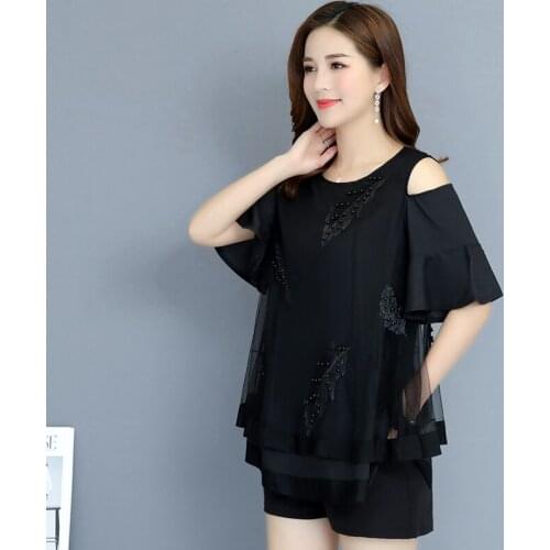 Women Chiffon Shirt Summer 2021 New Fashion Beading Feathers Embroidery Flare Short-sleeve Loose Tops Blouse Pullovers Female