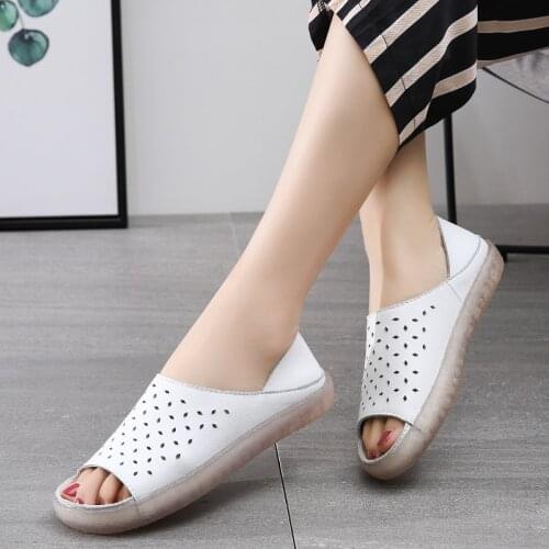 Sandals Women Leather Flat Heels White casual Summer Shoes For Women Peep Toe Soft Bottom Genuine Leather Women Sandals Low Heel