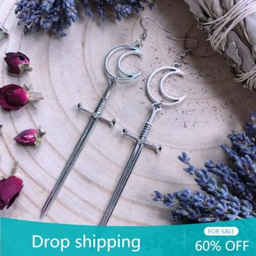 Gothic Moon Sword Earrings Drop Fashion Goth Creativity Punk Witch Rock Jewelry Women Gift Beautiful Wholesale Statement Trend