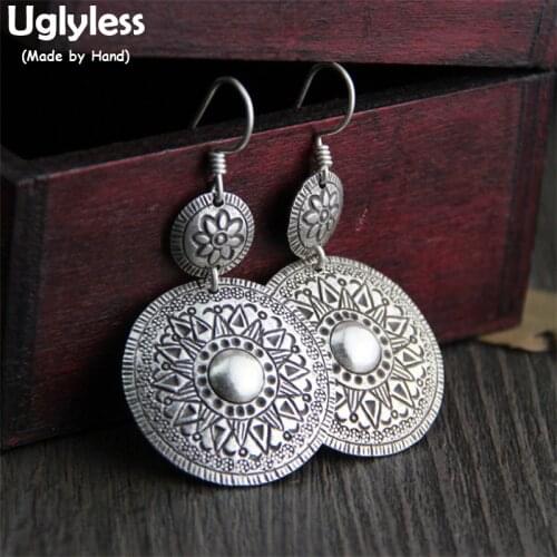Uglyless Real 925 Sterling Silver Women Vintage Ethnic Totem Patterns Earrings Carved Sunflower Brincos Exotic Thai Fine Jewelry