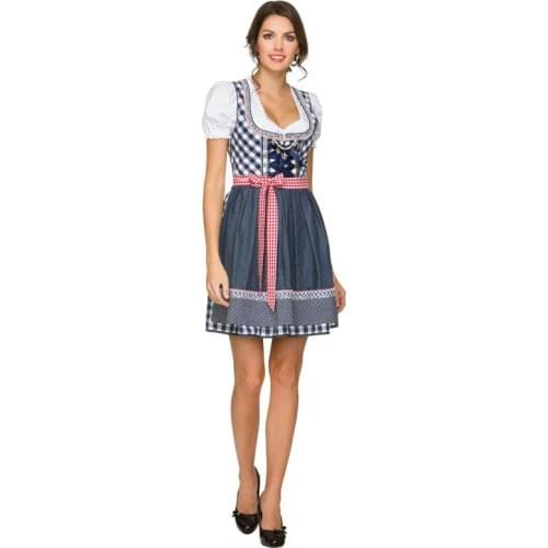 Corzzet Women Oktoberfest Costume Octoberfest Bavarian White&Blue Lattice Maid Dress