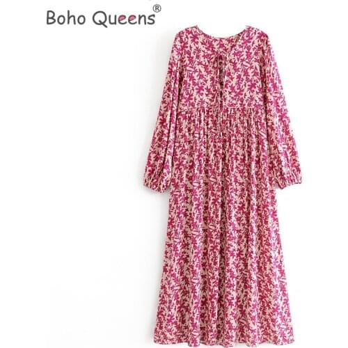 Boho Queens women lace-up tassel pink floral print beach Bohemian maxi dress Ladies Summer Boho dress vestidos