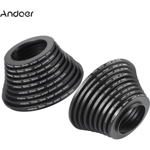 Andoer 18pcs 37-49-52-55-58-62-67-72-77-82mm Step Up / Step Down Lens Filter Metal Adapter Ring Kit