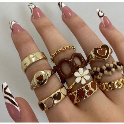 2021 Fashion Brown Series Enamel Heart Rings for Women