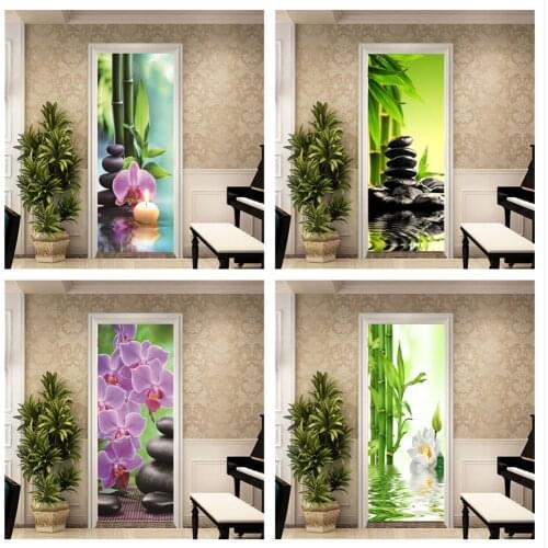 Zen Flower Bamboo Stone 3D Door Sticker Wallpaper DIY Mural Self Adhesive Removable Waterproof Stickers Poster Home Decor Decals