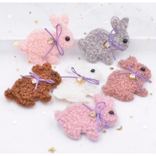 6Pcs Teddy Plush Padded Patches Kawaii Rabbit with Bow Rhinestone Appliques for Clothes Leggings Crafts DIY Hairpin Decor G08