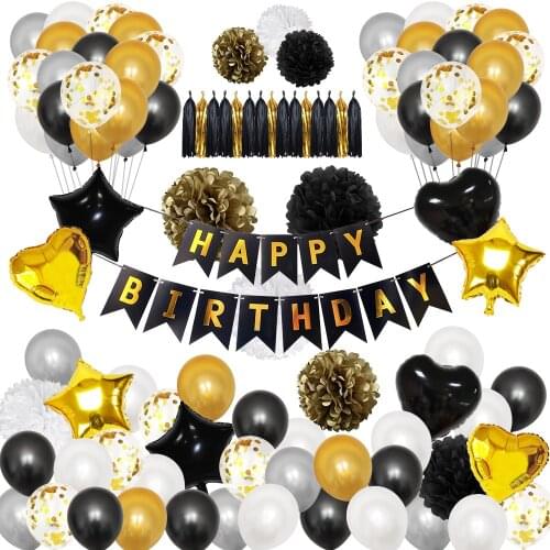 Happy Birthday Banner Party Supplies Accessories Black and Gold Hanging Swirls Tassels Flowers Balloons