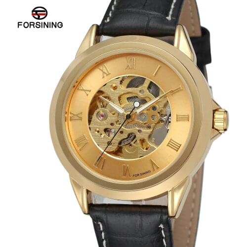Fashion Forsining Top Brand Men Auto Mechanical Leather Strap Watch Luxury Gold Bezel Roman Number Skeleton Dial Wrist Watches