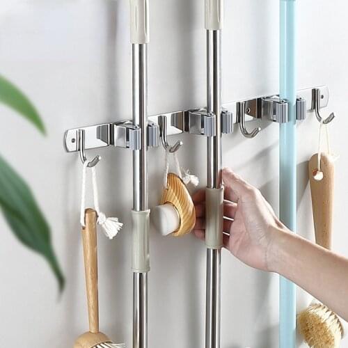 Stainless Steel Mop Holder Free Punch Mop Hook Wall-mounted Broom Holder Mop Clip Hanger Buckle
