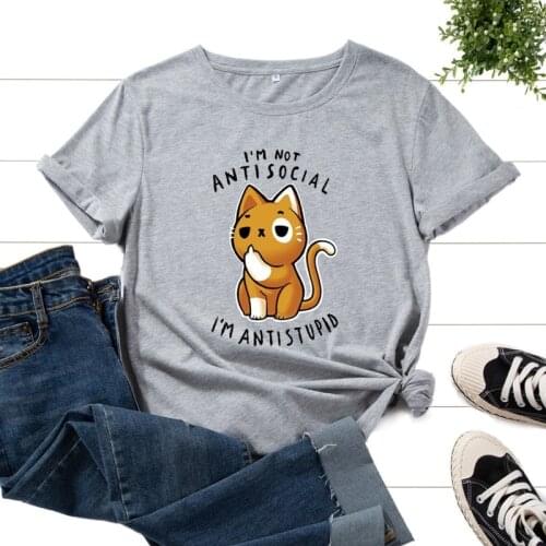 Summer Women Short Sleeve T-shirt Cat Letter Print Female Fashion Graphic Casual Streetwear Ladies Regular Daily O-Neck Tee Tops