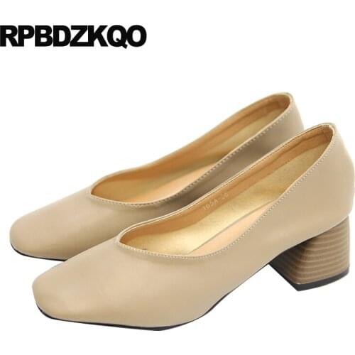 Fashion shoes 2019 luxury women chunky block square toe size 4 34 pumps high heels work 33 office ladies thick genuine leather