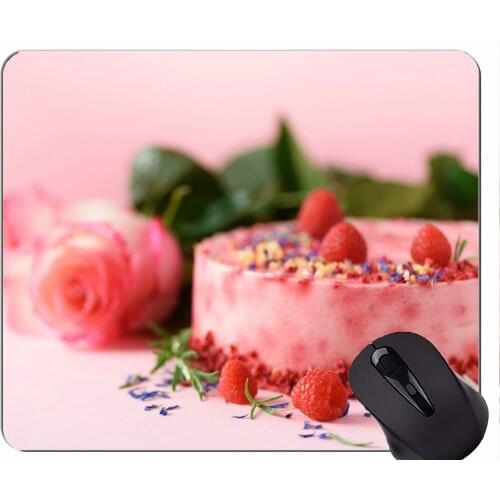Natural Rubber Mouse Pad Printed with Knife rose flower strawberry cake -Stitched Edges