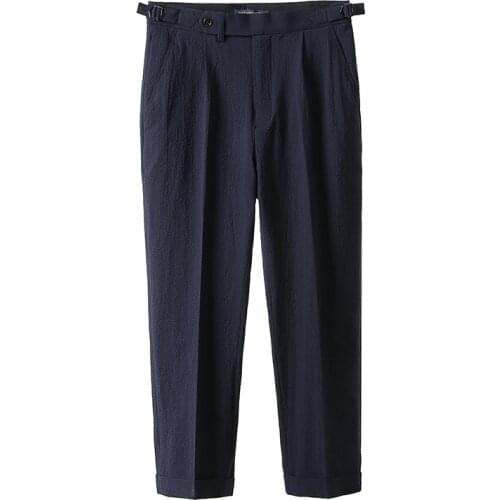 Summer mens seersucker Paris button casual pants blue black stripe slim fit 9-point trousers versatile Italian style