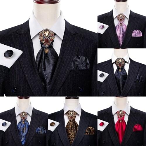 Fashion Mens Cravat Ascot Tie Handky Cufflinks Set Rhinestone Brooch Vintage British Style Formal Gentlemen Wedding Barry.Wang