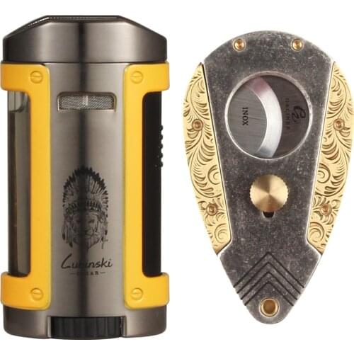 High-End Cigar Lighter Cutter Set Metal 4 Torch Flame Cigar Lighter W Holder Top Stanless Steel Cigar Cutter Smoke Tool