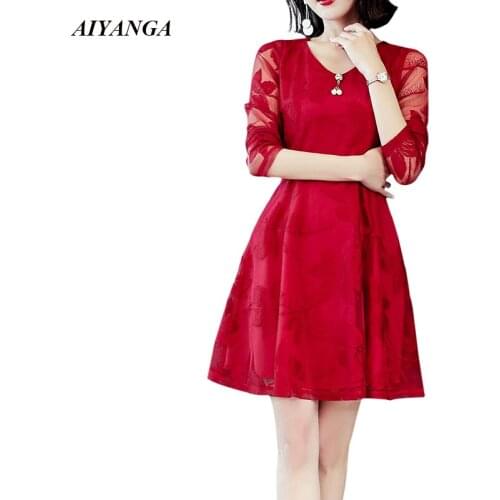New 2018 Autumn Dress Women Mesh Lace Dress V Neck Slim A-line Dresses Elegant ladies Long Sleeve Solid Color Red Black Blue