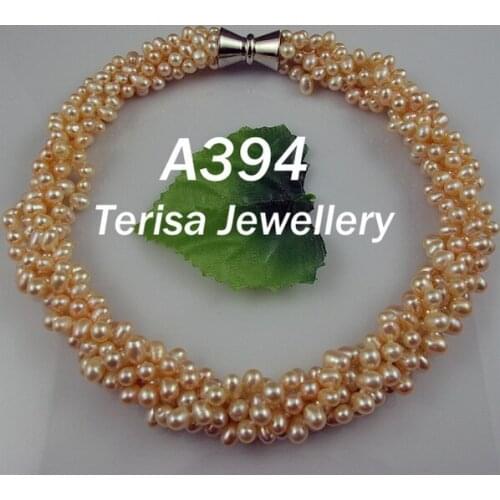 Terisa Pearljewellery Charming 6Rows AA 5-7MM Pink Color Genuine Freshwater Pearl Necklace 18 Inches Magnet Clasp