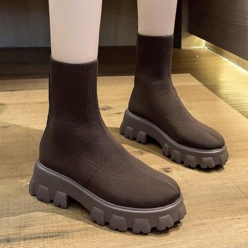 Autumn New Socks Shoes Woman Stretch Fabric Mid-Calf Casual Platform Boots Net Red Knitted Short Plus Size Booties RALSWNAY