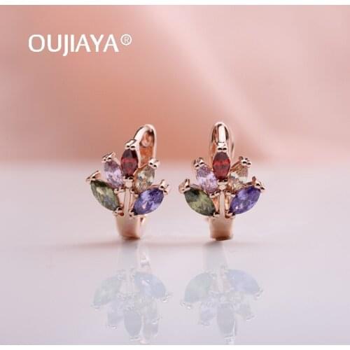 Oujiaya Colorful leav Big Fashion Women Dangle Earrings 585 Rose Gold Natural Zircon Drop Earrings new year christmas gifts A138