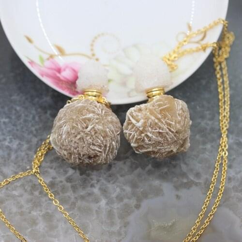 Raw Desert Rose Perfume Bottle Pendant Necklace,Cut Gypsum Rose Geode Drusy Essential Oil Diffuser Vial Charms Gold Brass Chains