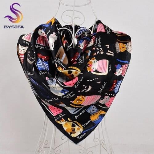 BYSIFA Black Pure Silk Scarf Shawl Women Spring Autumn Brand Cute Cartoon Cat Large Square Scarves Head Scarf Winter Scarves