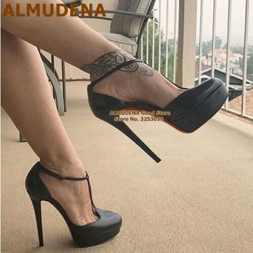 ALMUDENA Black Matte Leather T-strap High Heel Shoes Platform Buckle Strap Gladiator Banquet Pumps Women Stiletto Heels Size47