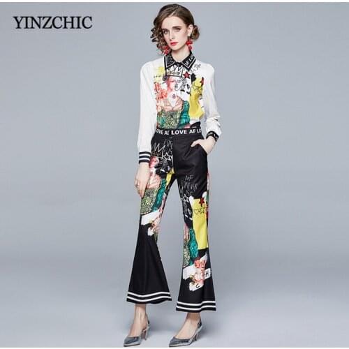 Spring Woman Elegant 2pc Suit Ladies Blouse + Flare Long Pants Sets Printed Casual Office Suits Set Female Vintage Set