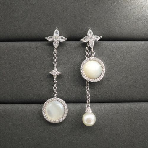 S925 sterling silver summer classic white mother pearl asymmetrical earrings female fashion elegant French earring birthday gift