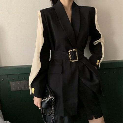 Women Fashion Patchwork Long Sleeve Slim Black Blazer Elegant Retro Belted Jackets Coat Elegant OL Workwear Female Chic Blazer