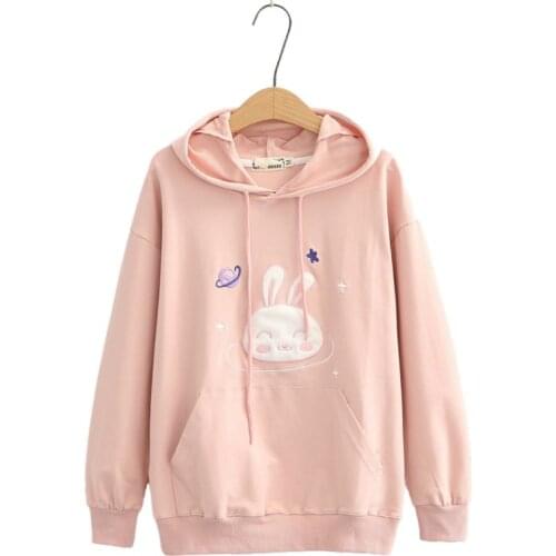 Women Hooded Sweatshirt Harajuku Rabbit Embroidery Cute Hoodies Pullover 2020 Autumn Winter Long Sleeve Sweet Style Female Top