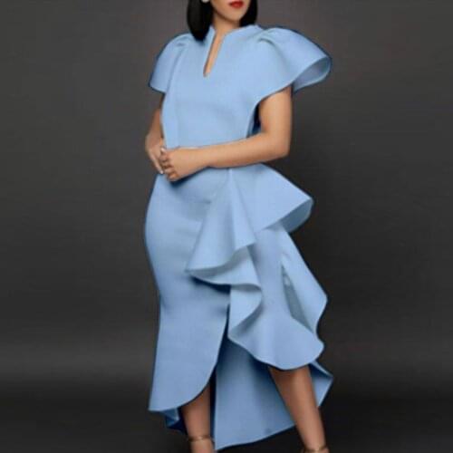 2021 White Orange Blue Short Sleeve Split Slim Ruffles Ball Gown Women Summer Evening Party Dress Sexy Robe Femme Vestidos 70138