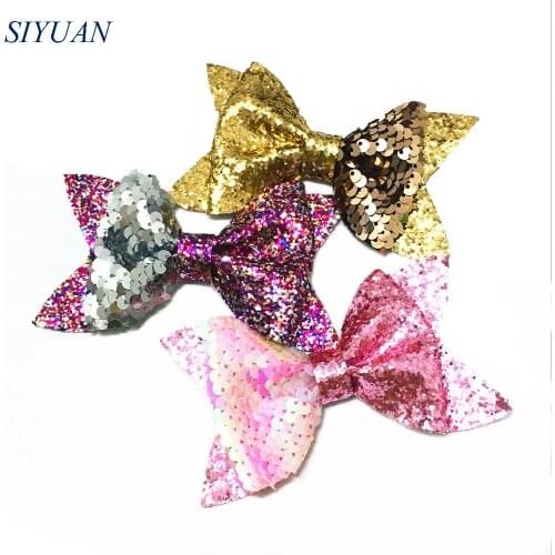 21pcs/lot 4*2.4 inch Unique Synthetic Leather Bow Half Sequin Half Glitter Reversible Bowknot Hair Clips Accessories HDJ132