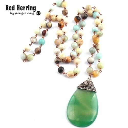 Free Shipping Fashion Bohemian Tribal Jewelry Rosary Chain Amazonite Stones Natural Green Pendant Punk Necklace