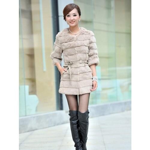 Real natural genuine full pelt rabbit fur coat fashion whole skin fur jacket waistcoats with belt Customized big size