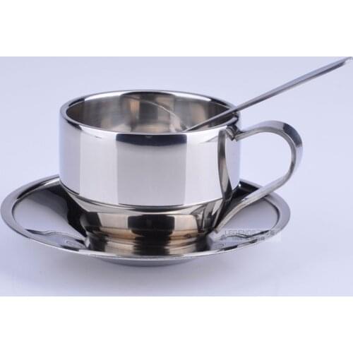 Double Layer Stainless Steel Coffee Cup And Saucers Gold Silver Espresso Cups Mug Teacup Design Tazas De Cafe Home Drinking New